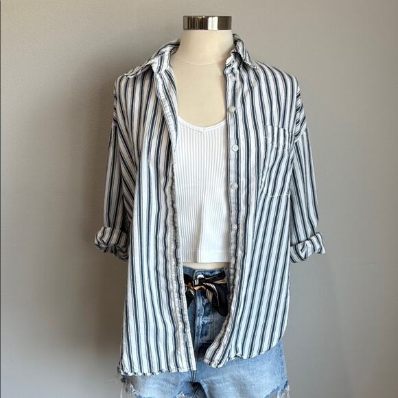 Maeve Tops - Maeve Blue/White Striped Button Up Cotton Shirt Size S